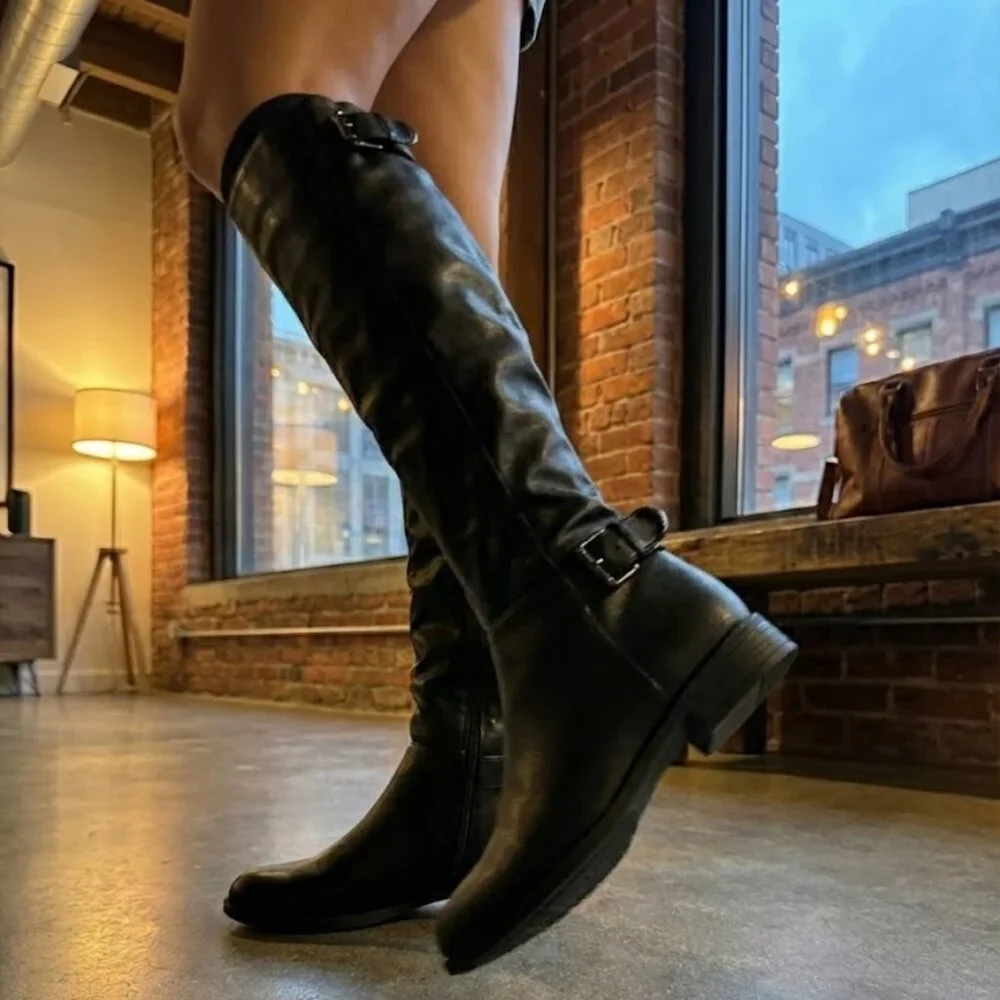 NWT Wild Diva Black Faux Leather Knee High Riding Boots Buckle Strap Zip